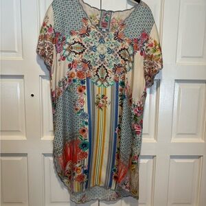 Johnny Was silk Cream Tunic with Blue, Yellow, Green & Pink Floral Stripe Print